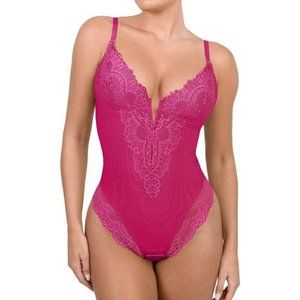 Popilush Shapewear V Neck Tummy Control Lace Thong Bodysuit  Hot Pink XXL NWT